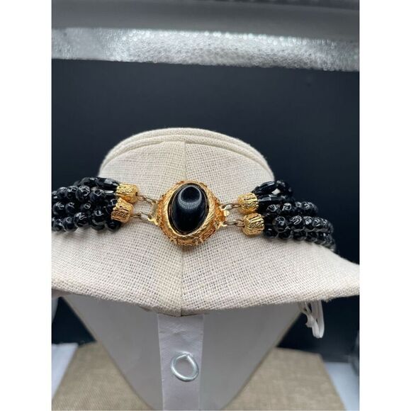 Vintage Multi Strand Plastic Black Beaded Necklace Retro Grandma - Picture 2 of 7